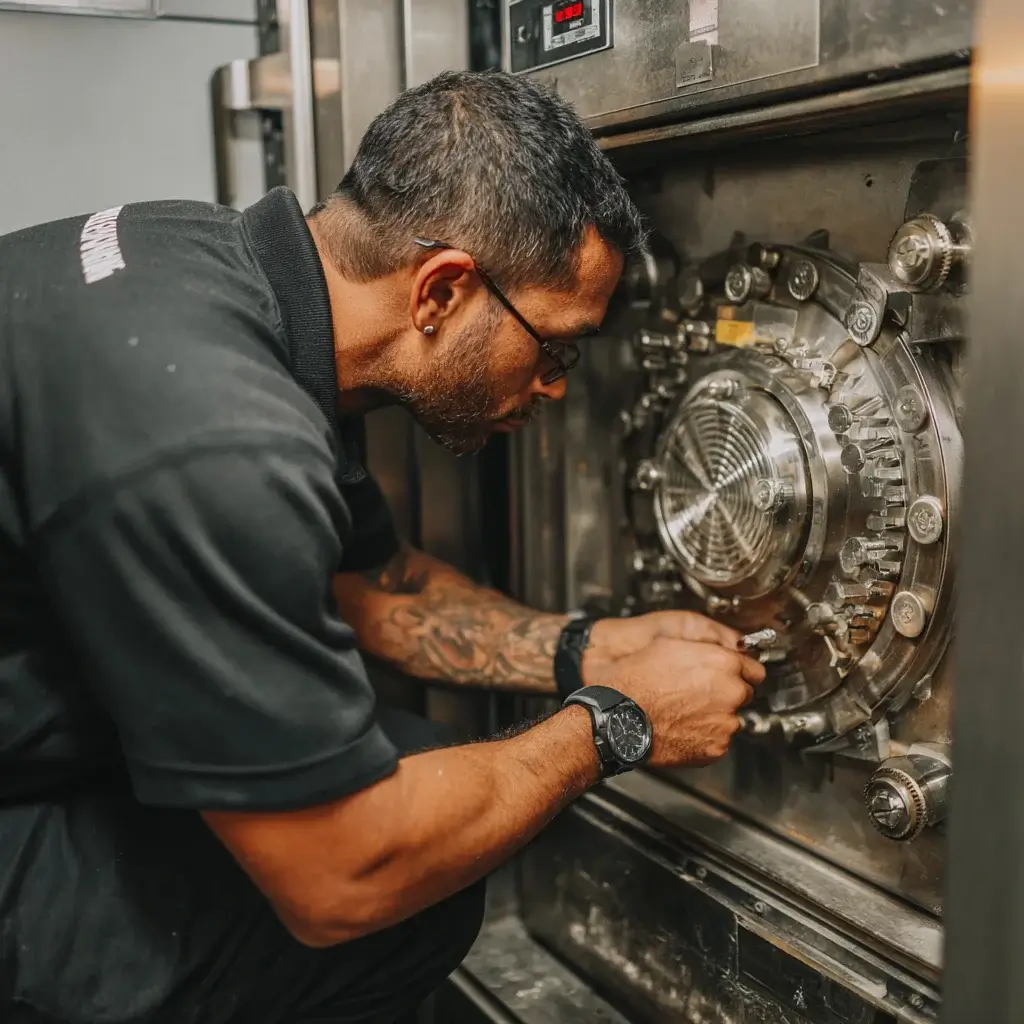 Ein Schlosser von Schlüsseldienst Hamburg repariert einen Sicherheitstresor